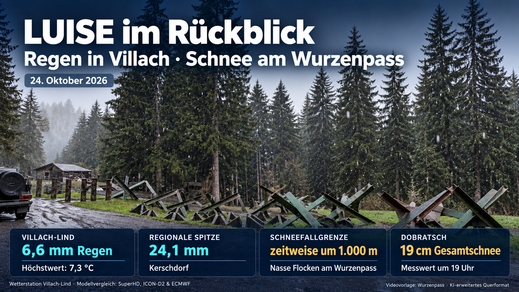 Artikelgrafik zum 24. Oktober 2026: Schneefall am Bunkermuseum Wurzenpass, 6,6 mm Regen in Villach-Lind, 24,1 mm in Kerschdorf und 19 cm Gesamtschnee am Dobratsch. KI-erweitertes Querformat auf Grundlage einer Videoaufnahme.