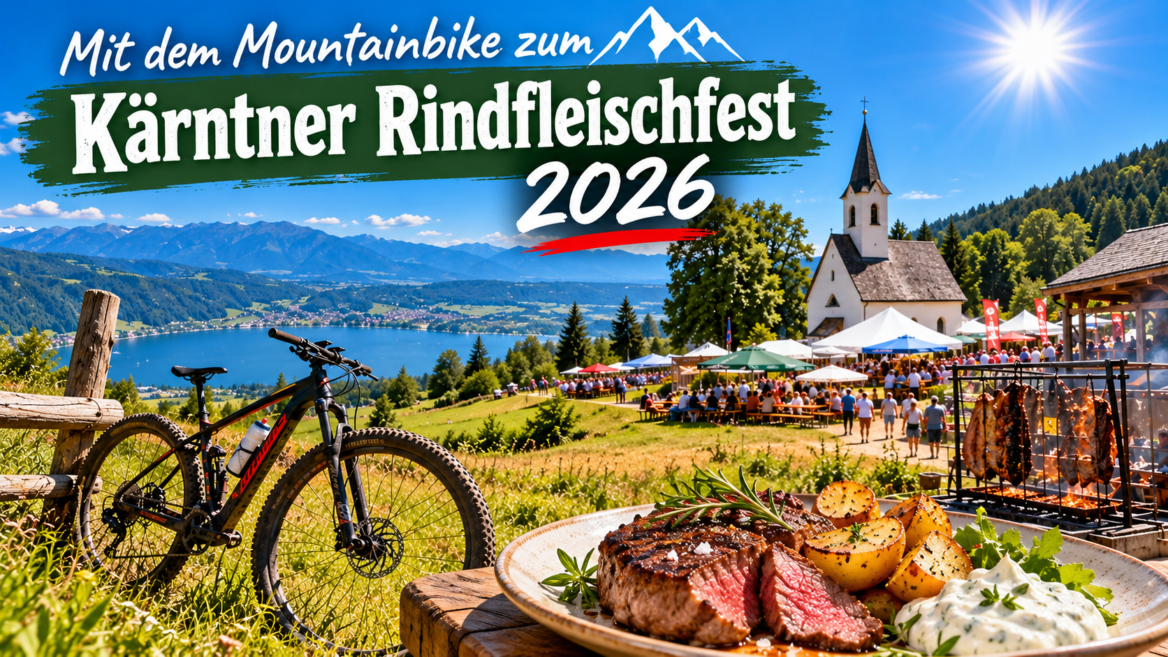 Illustration zur Mountainbiketour zum Kärntner Rindfleischfest 2026 mit Fahrrad, Festgelände, Kirche und Rinderfilet
