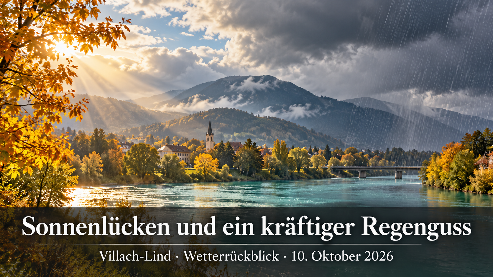 Illustratives Artikelbild mit Herbstfarben an der Drau, Sonnenlücken und Regen zum Wetterrückblick Villach-Lind vom 10. Oktober 2026.