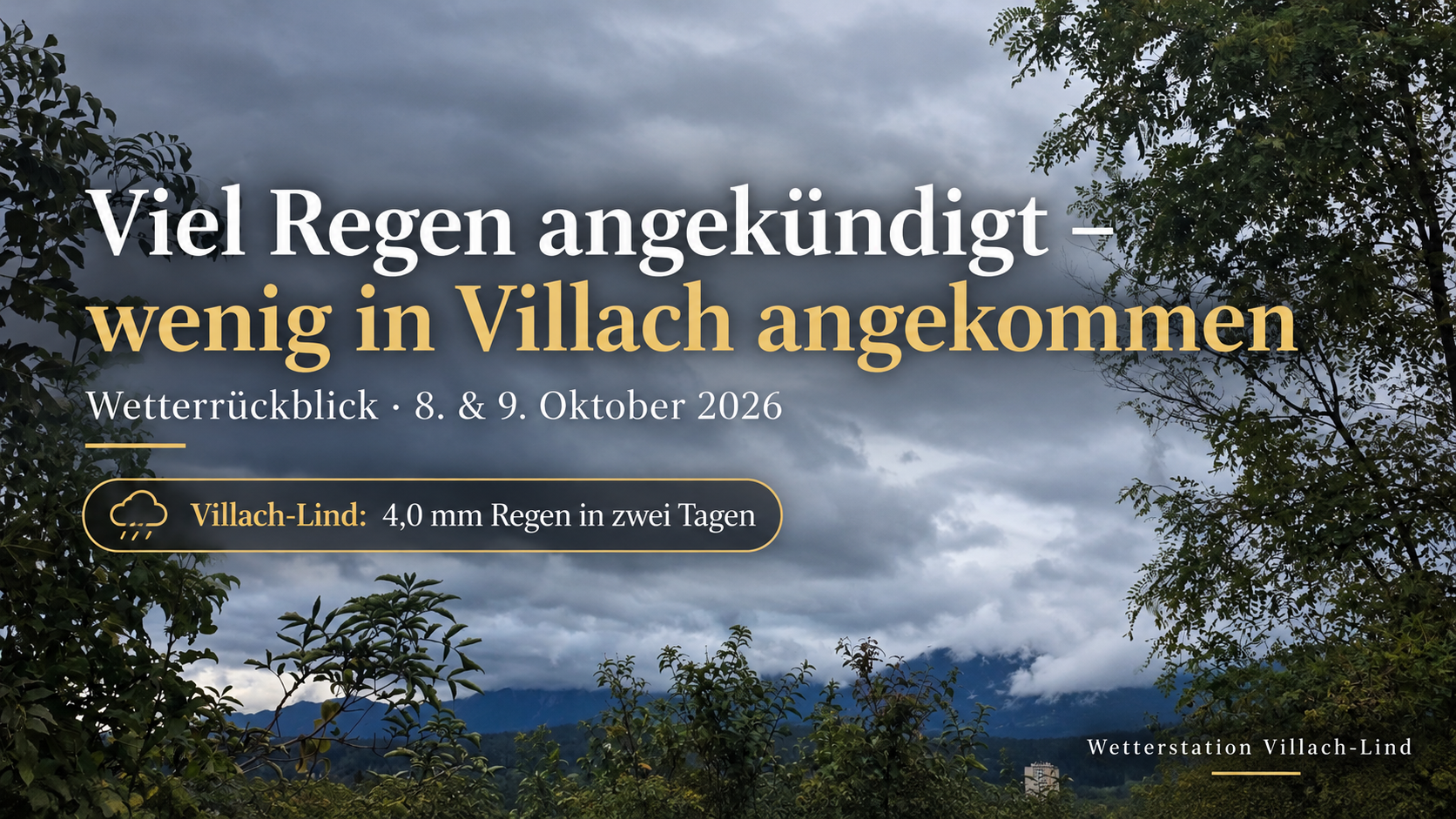 Wolken über den Bergen bei Villach-Lind: Wetterrückblick auf den 8. und 9. Oktober 2026 mit insgesamt 4,0 mm Regen in Lind.
